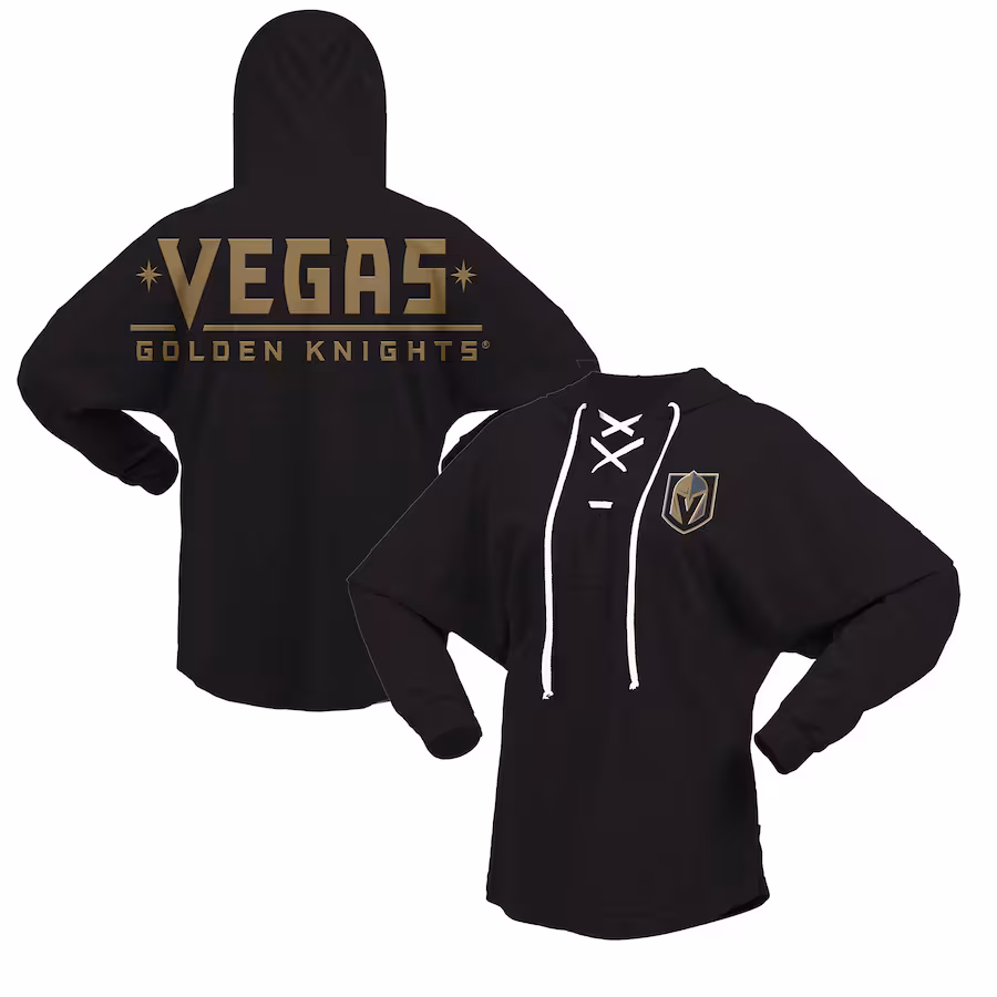 Women's Vegas Golden Knights Fanatics Black Jersey Lace-Up V-Neck Long Sleeve Hoodie T-Shirt - ujerseystore