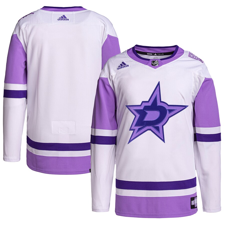 Men's Dallas Stars adidas White/Purple Hockey Fights Cancer Primegreen Authentic Blank Practice Jersey - ujerseystore
