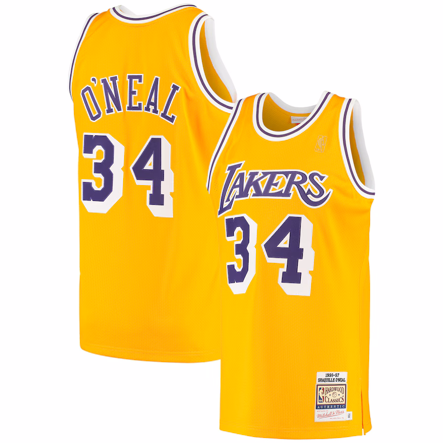 Men's Los Angeles Lakers Shaquille O'Neal Mitchell & Ness Gold 1996/97 Hardwood Classics Authentic Jersey - ujerseystore