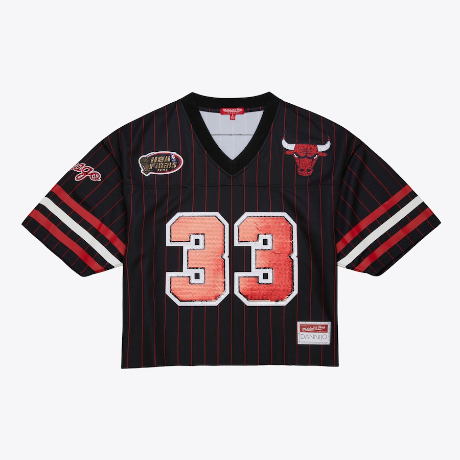 Women's Chicago Bulls Scottie Pippen Mitchell & Ness x DANNIJO Black Cropped Football Fashion Jersey - ujerseystore