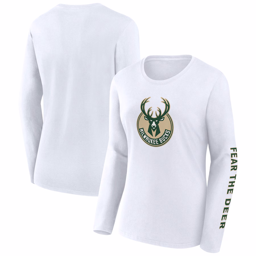 Women's Milwaukee Bucks Fanatics White Long Sleeve T-Shirt - ujerseystore