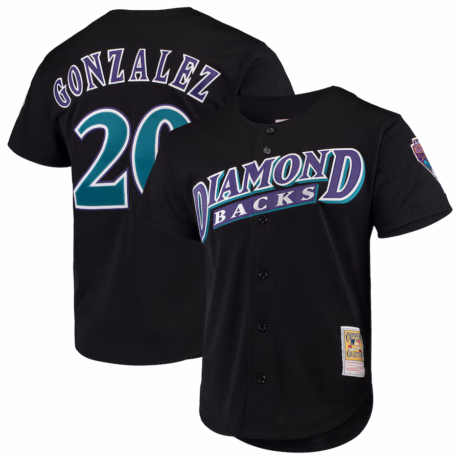 Men's Arizona Diamondbacks Luis Gonzalez Mitchell & Ness Black Cooperstown Collection Mesh Batting Practice Button-Up Jersey - ujerseystore
