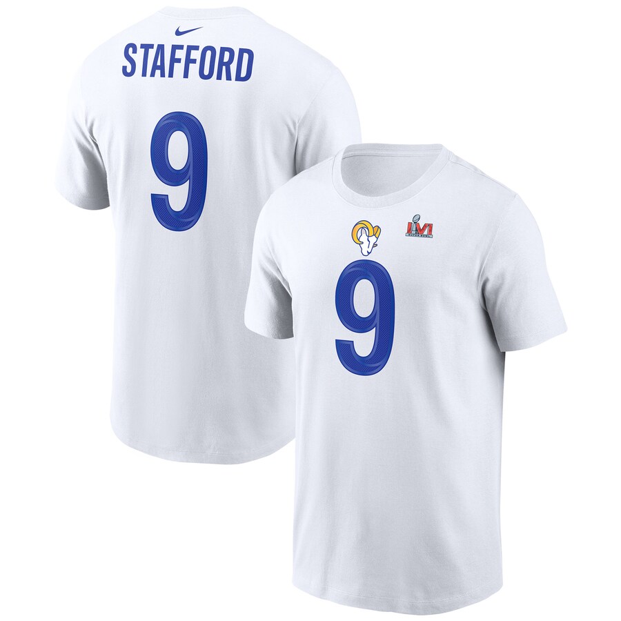 Men's Los Angeles Rams Matthew Stafford Nike White Super Bowl LVI Player Name & Number T-Shirt - ujerseystore
