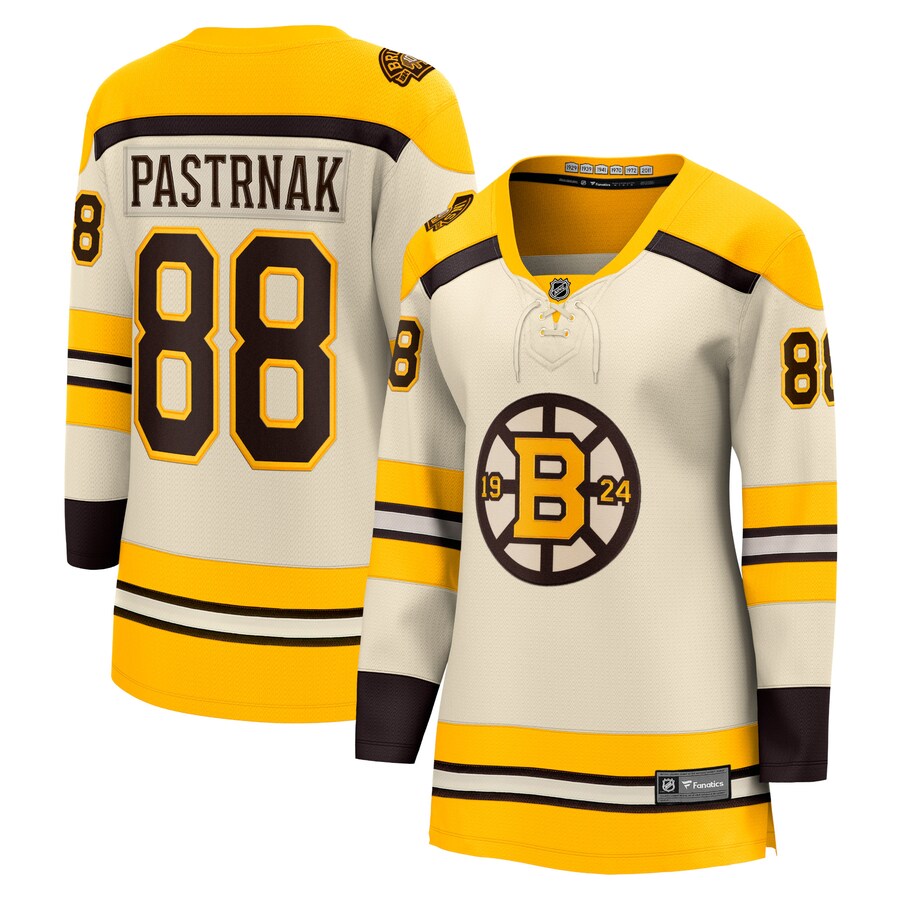Women's Boston Bruins David Pastrnak Fanatics Branded Cream 100th Anniversary Premier Breakaway Player Jersey - ujerseystore