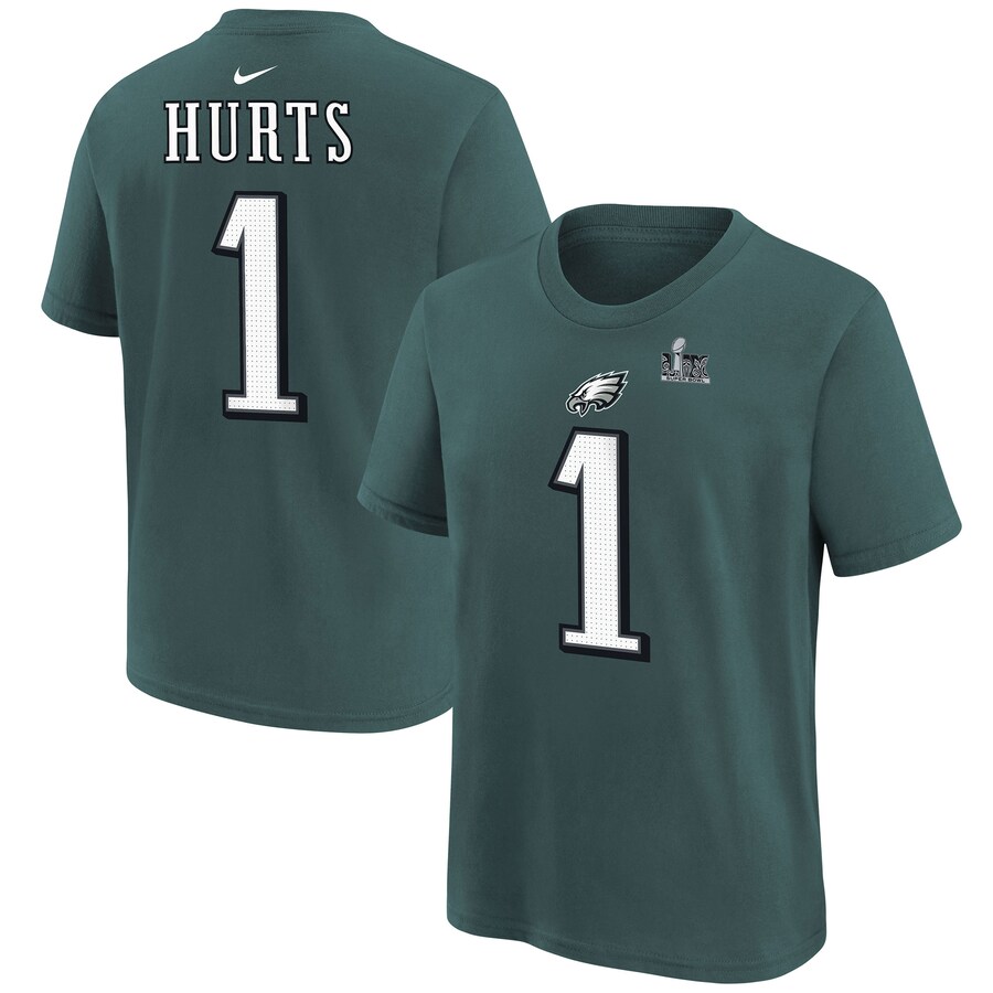 Youth Philadelphia Eagles Jalen Hurts Nike Midnight Green Super Bowl LIX Player Name & Number T-Shirt - ujerseystore