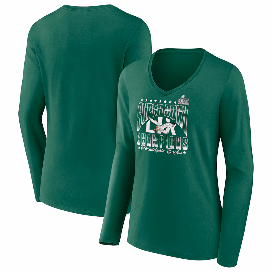 Women's Philadelphia Eagles  Fanatics Kelly Green Super Bowl LIX Champions Retro Logo Long Sleeve V-Neck T-Shirt - ujerseystore