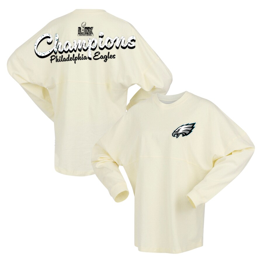 Women's Philadelphia Eagles  Fanatics Cream Super Bowl LIX Champions Sparkle Spirit Jersey Oversized Long Sleeve T-Shirt - ujerseystore