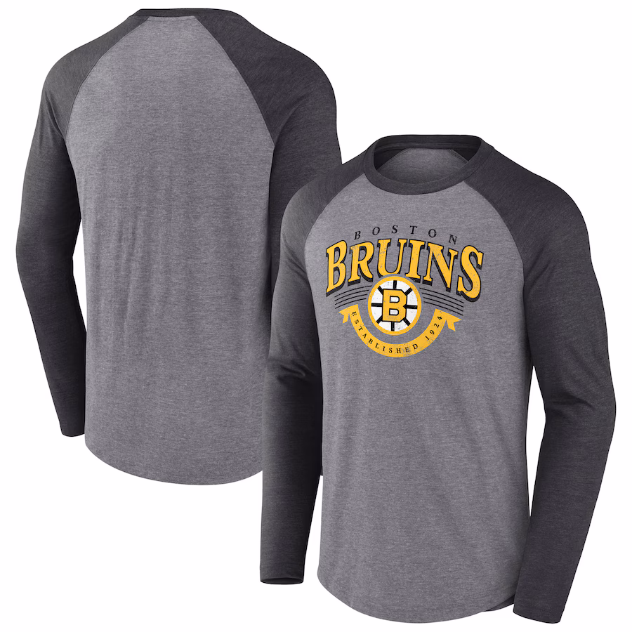 Men's Boston Bruins Fanatics Heather Gray/Heather Charcoal Goal Crease Raglan Tri-Blend Long Sleeve T-Shirt - ujerseystore