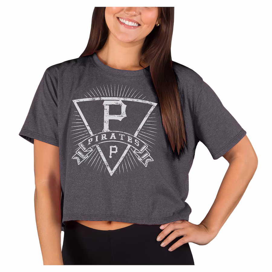 Women's Pittsburgh Pirates Concepts Sport Heather Charcoal Distressed Quest Boxy Cropped T-Shirt - ujerseystore