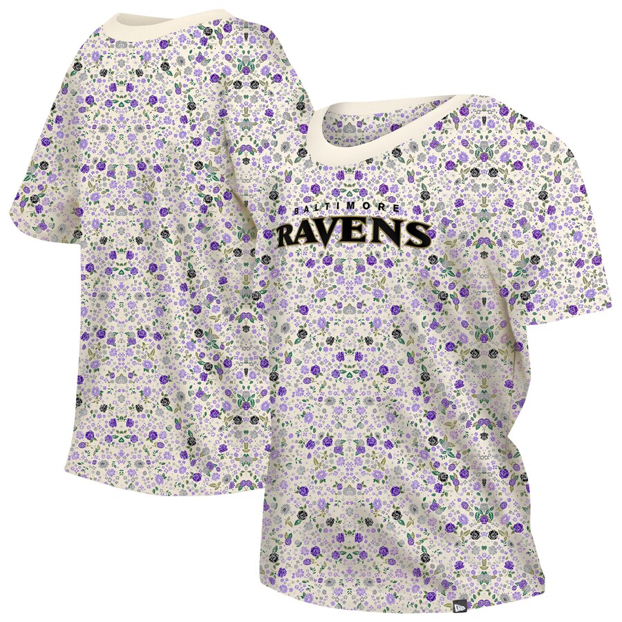 Women's Baltimore Ravens New Era Cream Glam Game Floral T-Shirt - ujerseystore