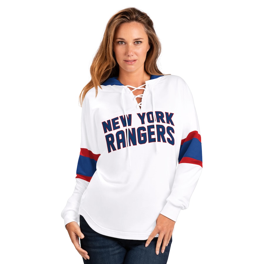 Women's New York Rangers G-III 4Her by Carl Banks White/Blue Goal Zone Long Sleeve Lace-Up Hoodie T-Shirt - ujerseystore