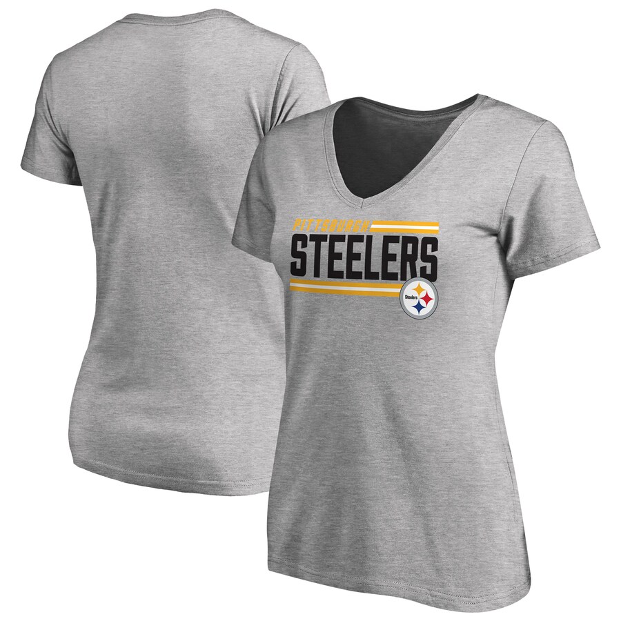 Women's Pittsburgh Steelers Heather Gray Iconic Collection On Side Stripe V-Neck T-Shirt - ujerseystore