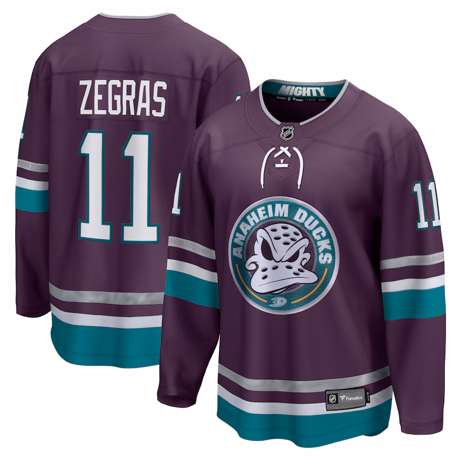 Men's Anaheim Ducks Trevor Zegras Fanatics Purple 30th Anniversary Premier Breakaway Jersey - ujerseystore