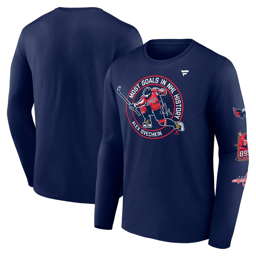 Men's Washington Capitals Alexander Ovechkin Fanatics Athletic Navy NHL All-Time Leading Goal Scorer Badges Long Sleeve T-Shirt - ujerseystore