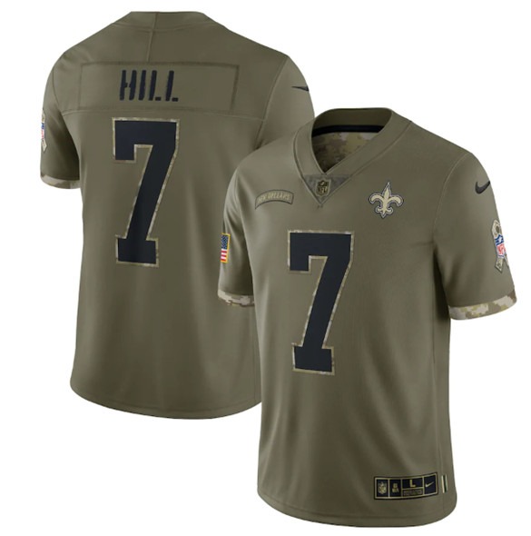 Men's New Orleans Saints #7 Taysom Hill 2022 Olive Salute To Service Limited Stitched Jersey - ujerseystore