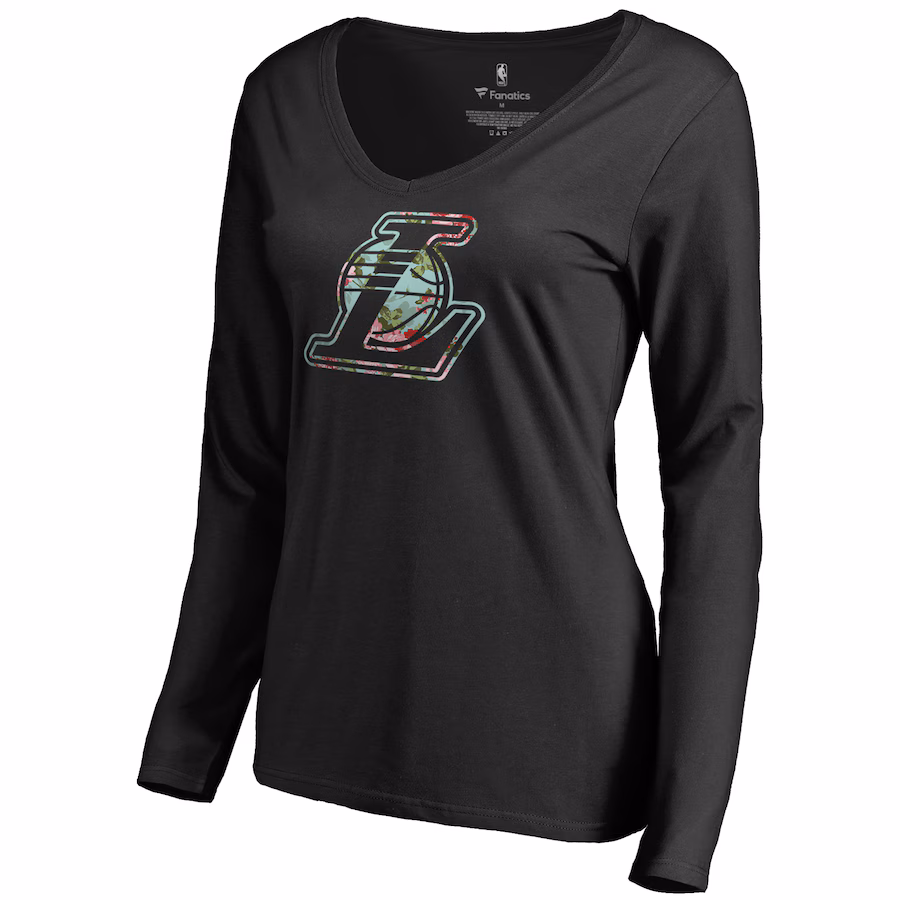 Women's Los Angeles Lakers Black Lovely V-Neck Long Sleeve T-Shirt - ujerseystore