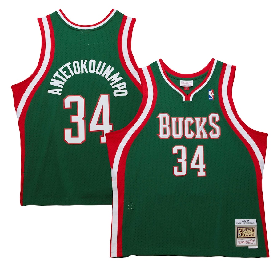 Men's Milwaukee Bucks Giannis Antetokounmpo Mitchell & Ness Hunter Green 2013/14 Hardwood Classics Swingman Jersey - ujerseystore
