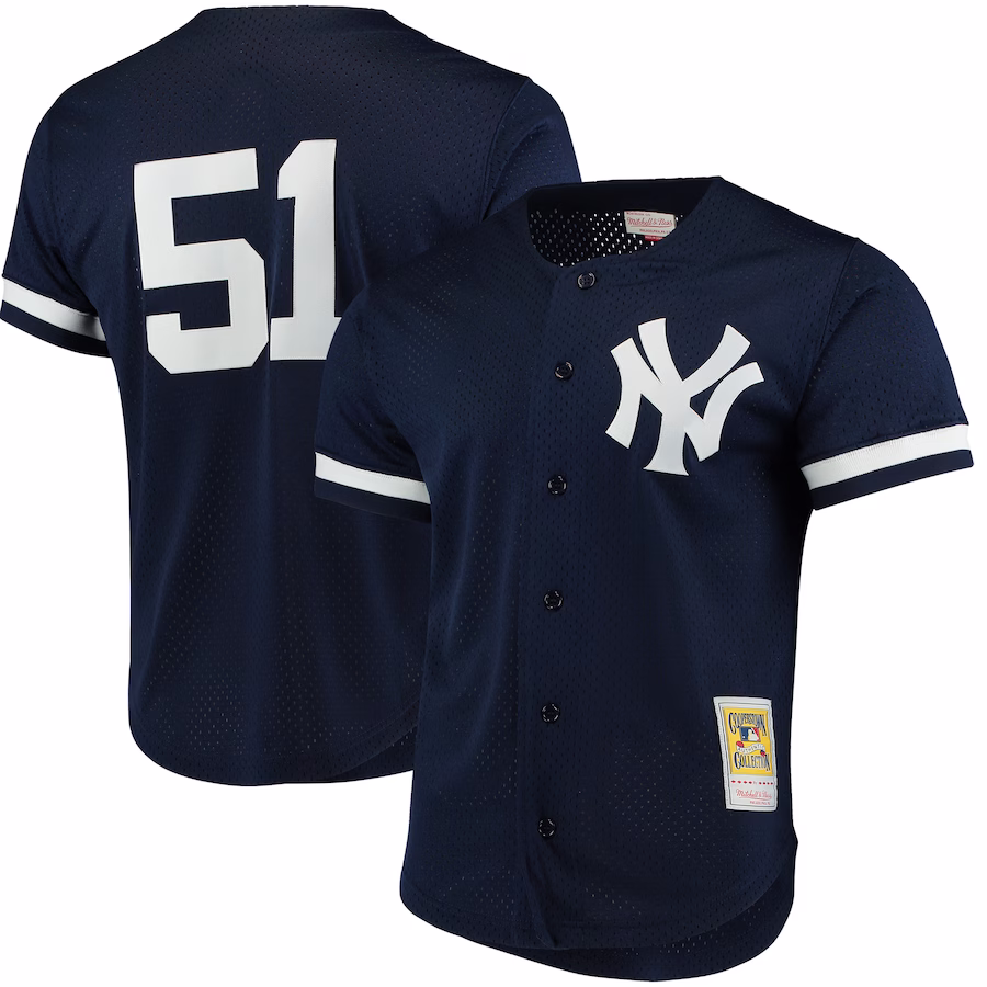 Men's New York Yankees Bernie Williams Mitchell & Ness Navy Cooperstown Collection Mesh Batting Practice Button-Up Jersey - ujerseystore