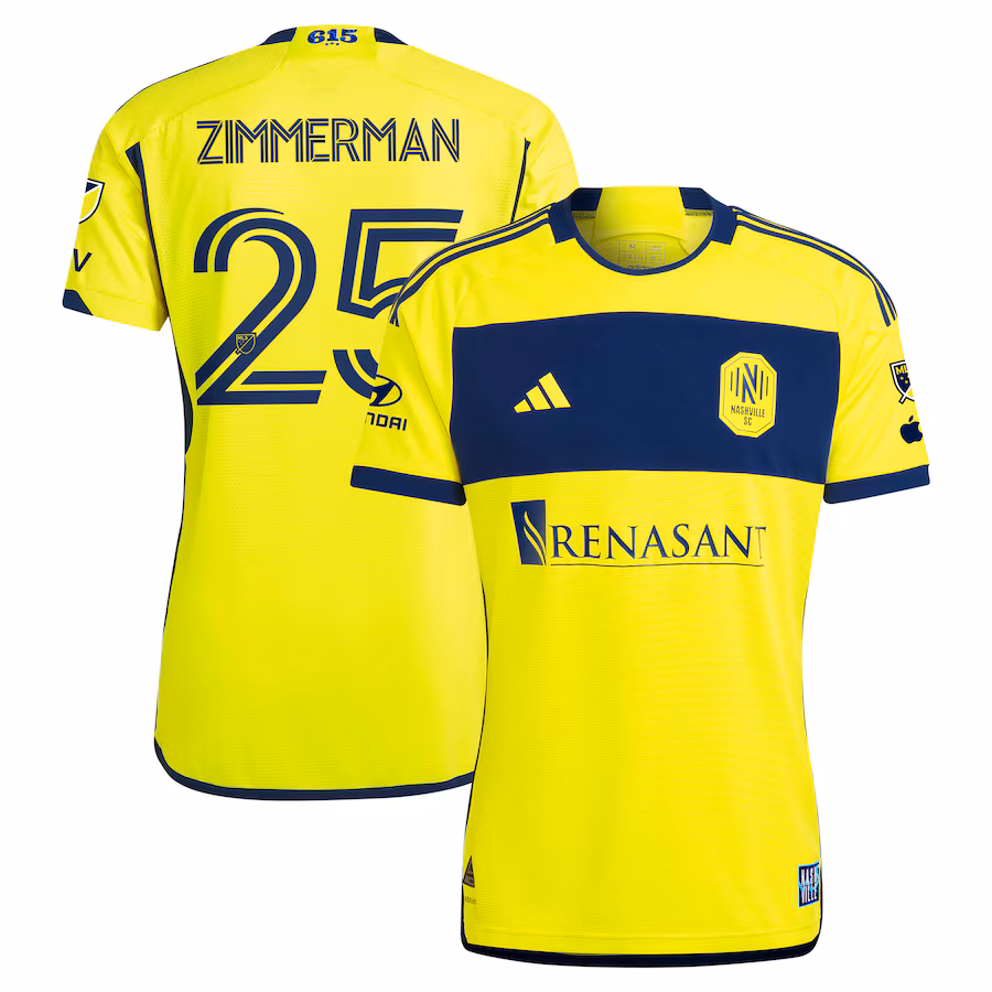 Men's Nashville SC Walker Zimmerman adidas Yellow 2024 The 615 Kit Authentic Player Jersey - ujerseystore