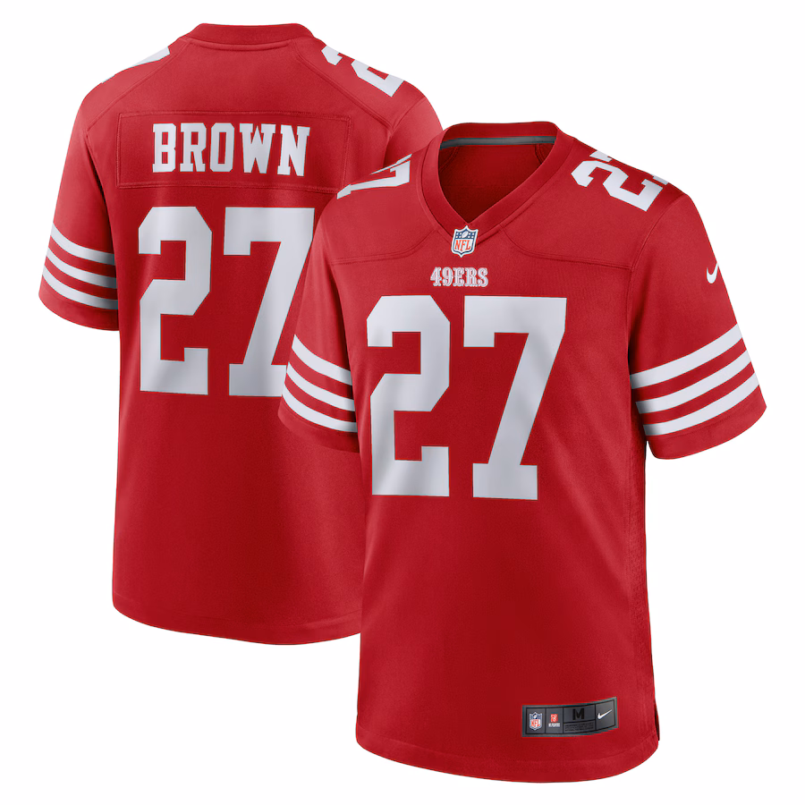 Men's San Francisco 49ers Ji'Ayir Brown Nike Scarlet Team Game Jersey - ujerseystore