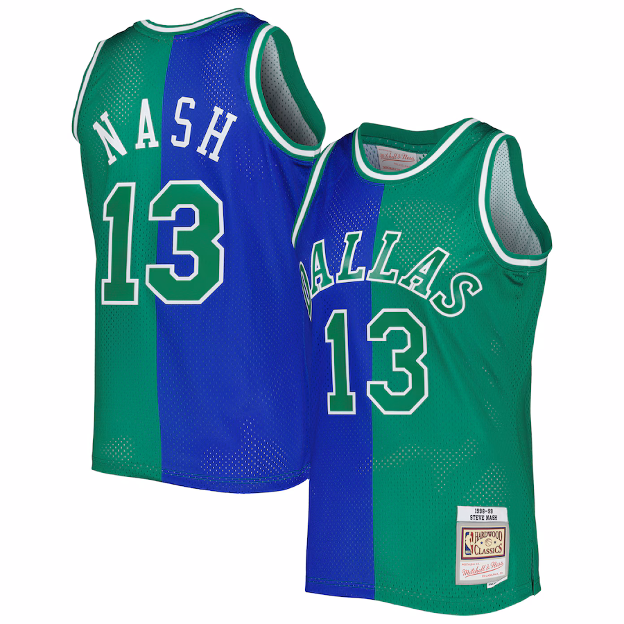 Men's Dallas Mavericks Steve Nash Mitchell & Ness Blue/Green Hardwood Classics 1998/99 Split Swingman Jersey - ujerseystore