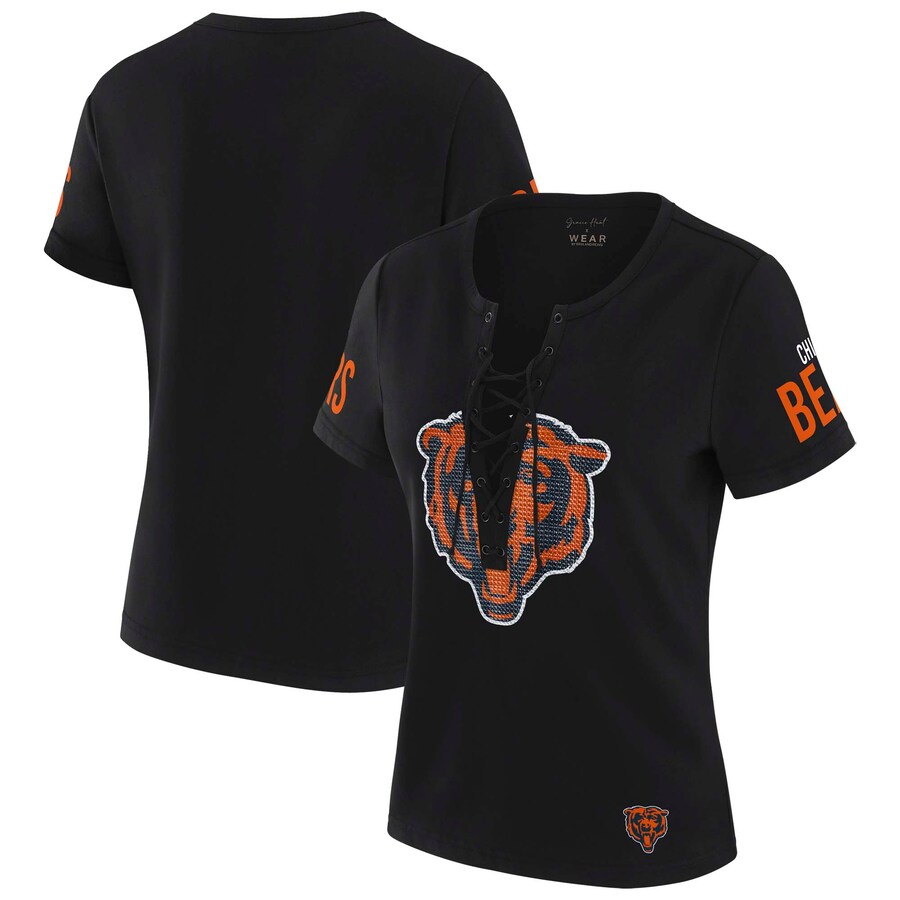 Women's Chicago Bears WEAR by Erin Andrews x Gracie Hunt Black Draft Me Lace-Up T-Shirt - ujerseystore