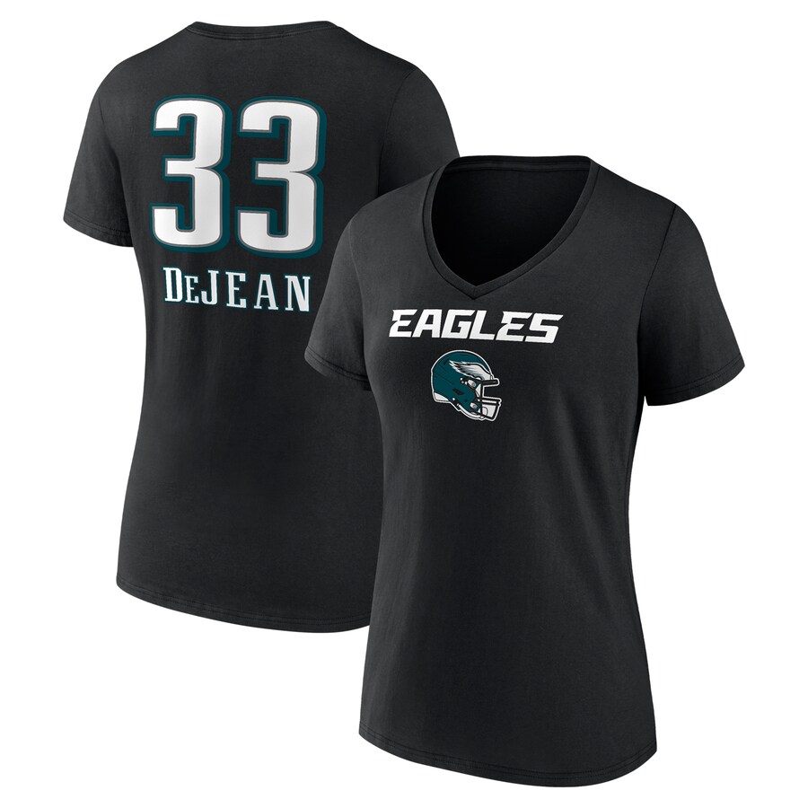 Women's  Philadelphia Eagles Cooper DeJean Black Team Wordmark Name & Number V-Neck T-Shirt - ujerseystore