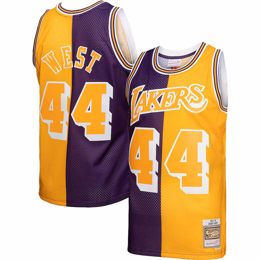 Men's Los Angeles Lakers Jerry West Mitchell & Ness Purple/Gold Hardwood Classics 1971/72 Split Swingman Jersey - ujerseystore