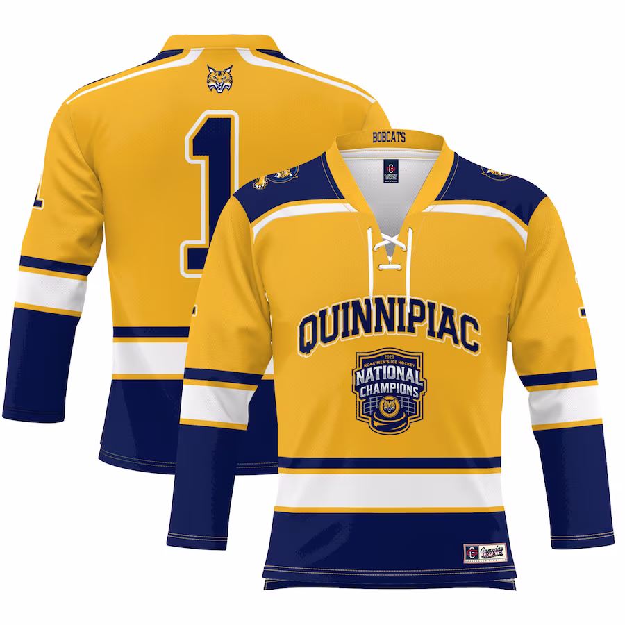 Quinnipiac Bobcats GameDay Greats 2023 NCAA Men's Ice Hockey National Champions Hockey Jersey - Gold - ujerseystore