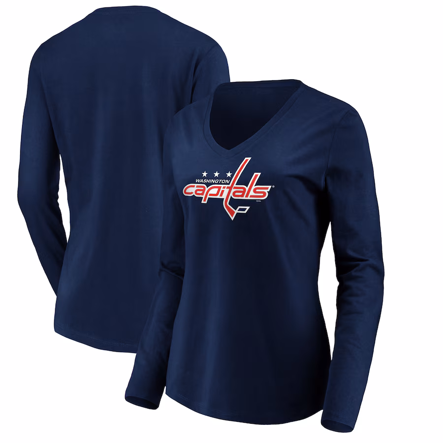 Women's Washington Capitals Navy Primary Logo V-Neck Long Sleeve T-Shirt - ujerseystore