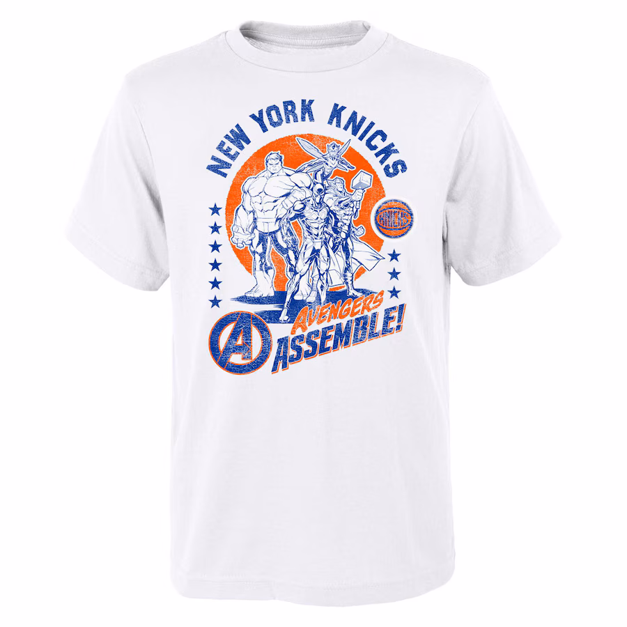 Youth New York Knicks White NBA x Marvel Avengers Squad T-Shirt - ujerseystore
