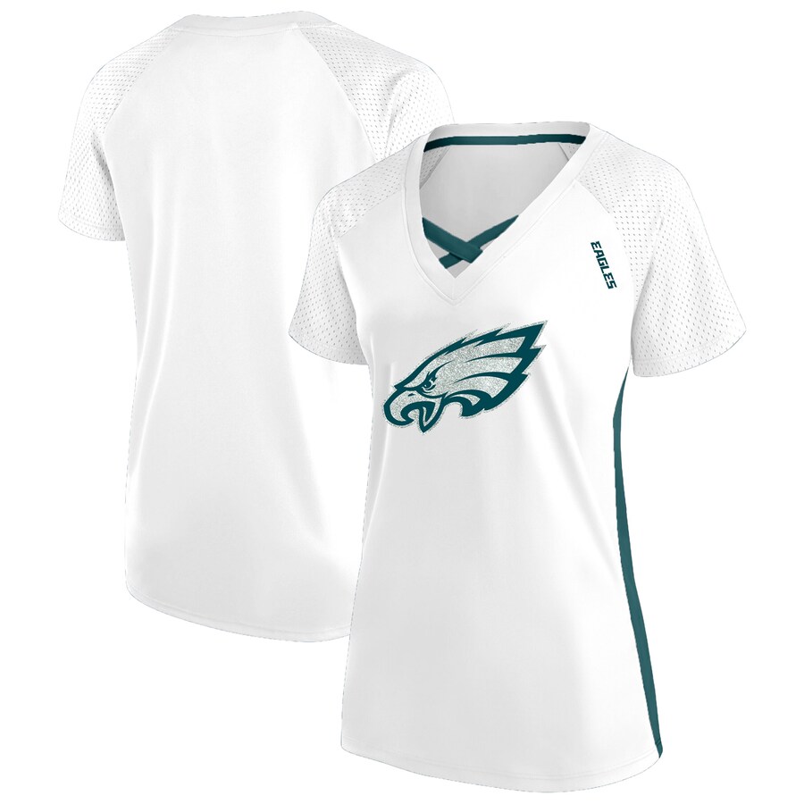 Women's Philadelphia Eagles Fanatics White Plus Size Glitter Lace-Up V- Neck T-Shirt - ujerseystore