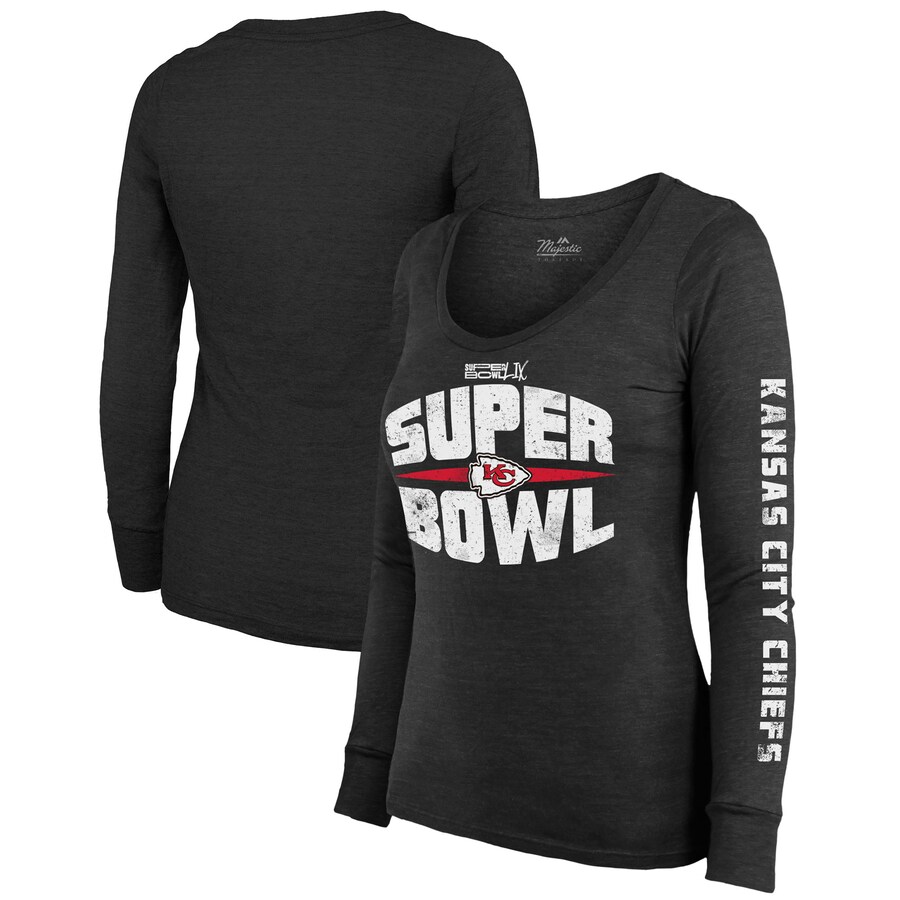 Women's Kansas City Chiefs Majestic Threads Black Super Bowl LIX Franklin Tri-Blend Long Sleeve Scoop Neck T-Shirt - ujerseystore