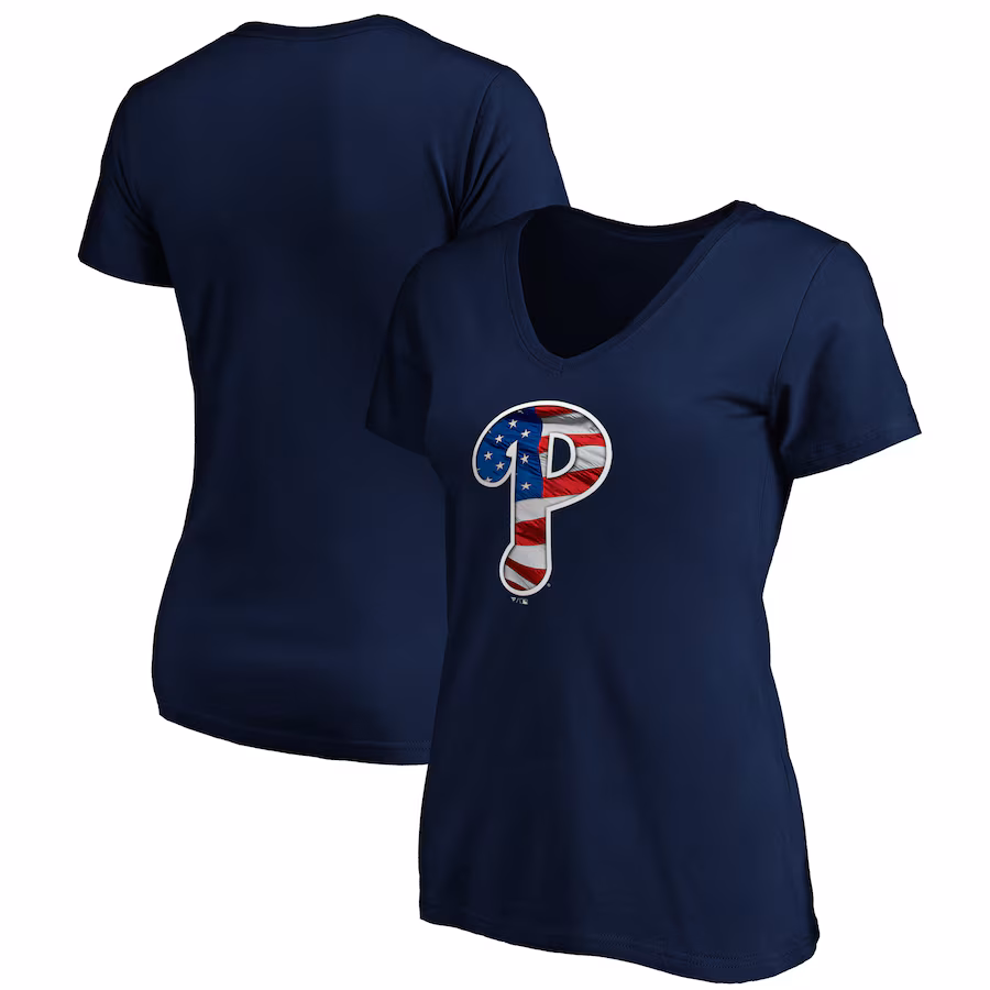 Women's Philadelphia Phillies Logo Navy Banner Wave V-Neck T-Shirt - ujerseystore