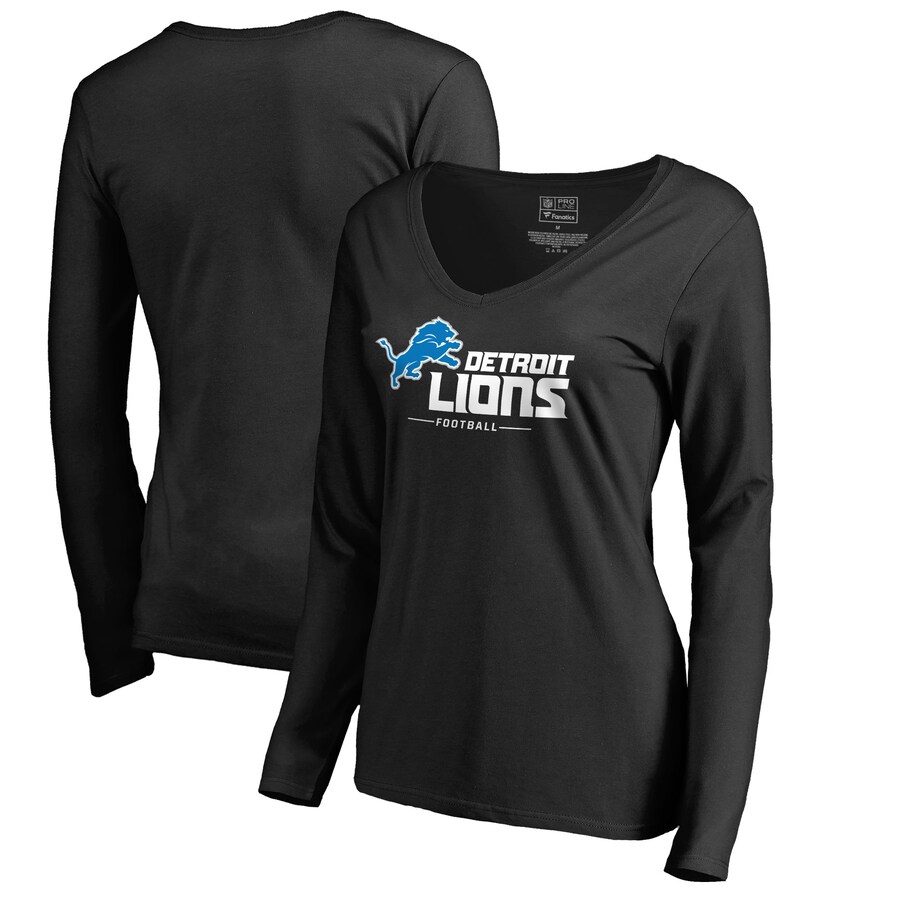 Women's Detroit Lions Black Team Lockup V-Neck Long Sleeve T-Shirt - ujerseystore