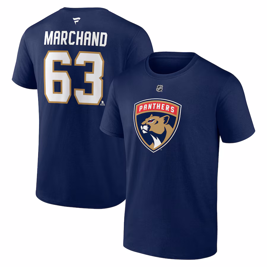 Men's Florida Panthers Brad Marchand Fanatics Navy Authentic Stack Name & Number T-Shirt - ujerseystore