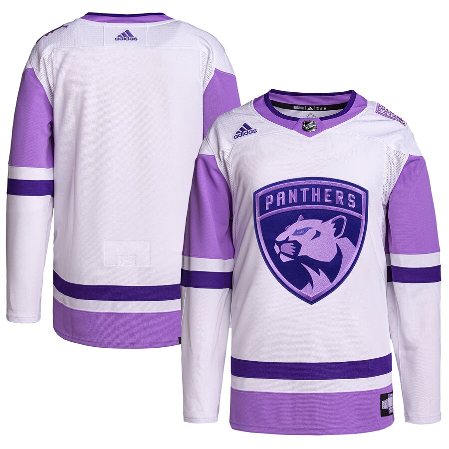 Men's Florida Panthers adidas White/Purple Hockey Fights Cancer Primegreen Authentic Blank Practice Jersey - ujerseystore