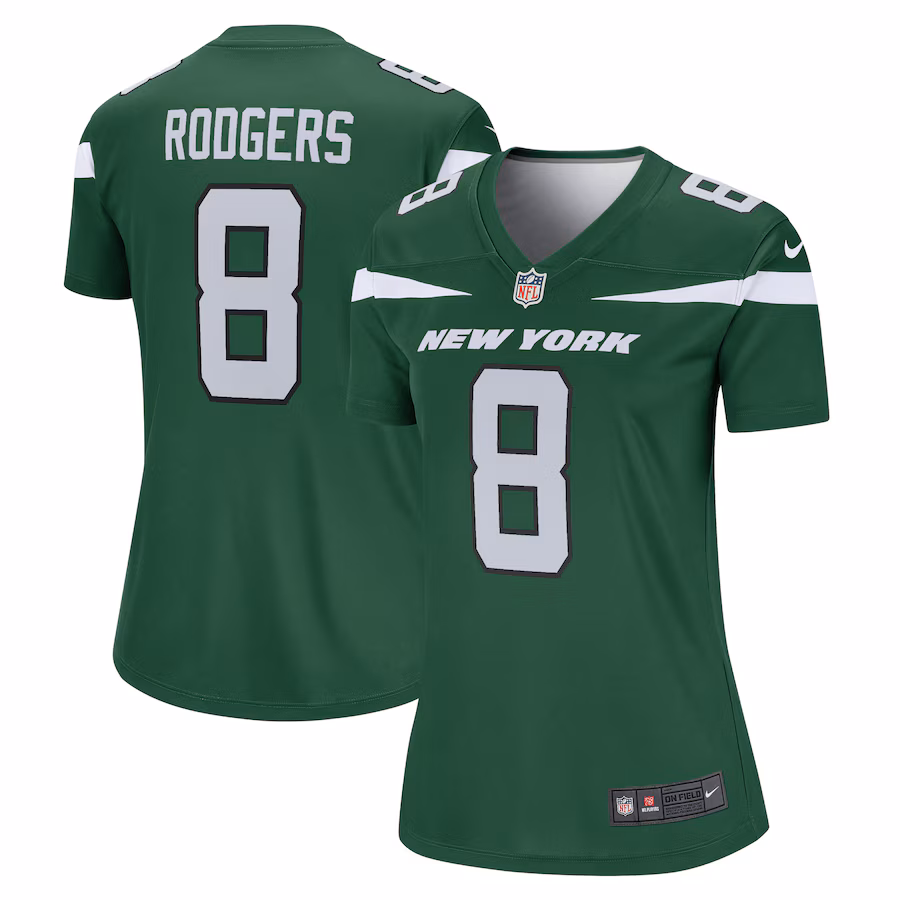 Women's New York Jets Aaron Rodgers Nike Gotham Green Team Legend Player Performance Top - ujerseystore