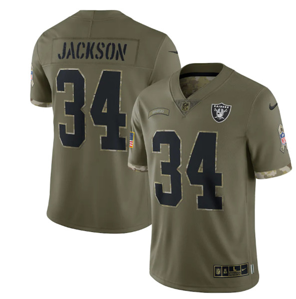 Men's Las Vegas Raiders #34 Bo Jackson 2022 Olive Salute To Service Limited Stitched Jersey - ujerseystore