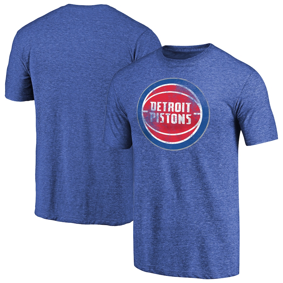 Men's Detroit Pistons Heathered Blue Distressed Team Logo II Tri-Blend V-Neck T-Shirt - ujerseystore