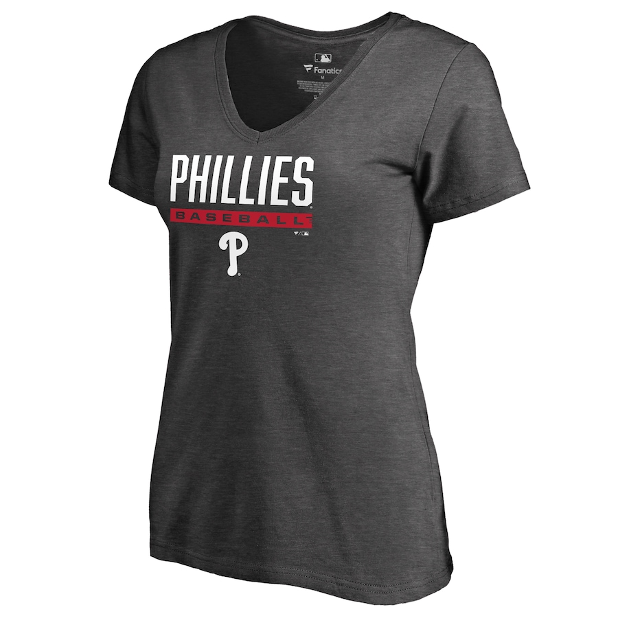 Women's Philadelphia Phillies Ash Win Stripe V-Neck T-Shirt - ujerseystore