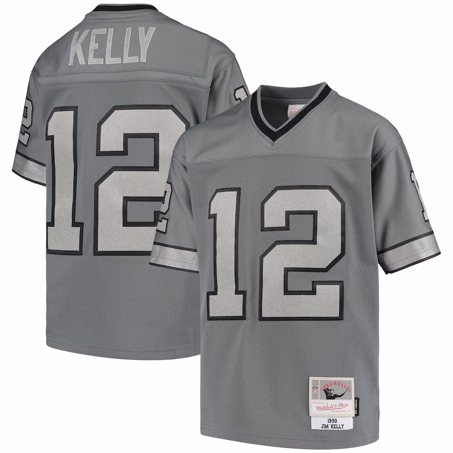 Youth Buffalo Bills Jim Kelly Mitchell & Ness Charcoal 1990 Retired Player Metal Replica Jersey - ujerseystore