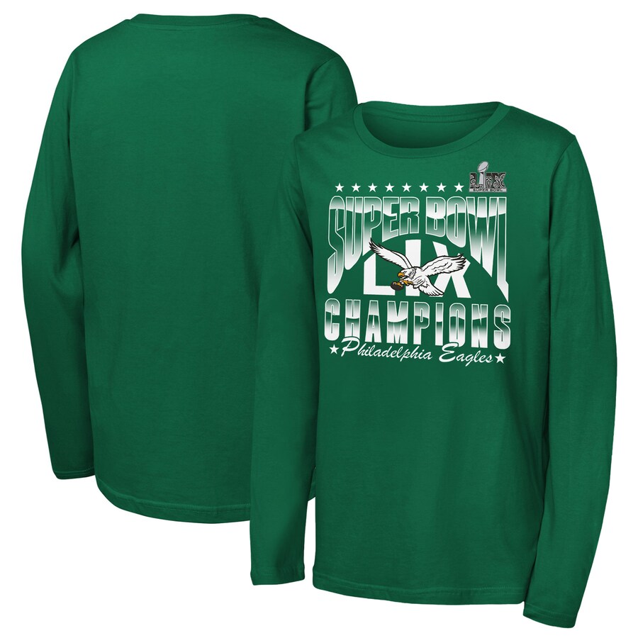 Youth Philadelphia Eagles Kelly Green Super Bowl LIX Champions Retro Arch Long Sleeve T-Shirt - ujerseystore