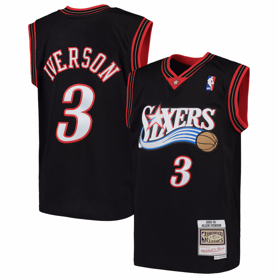 Youth Philadelphia 76ers Allen Iverson Mitchell & Ness Black Hardwood Classics Swingman Throwback Jersey - ujerseystore
