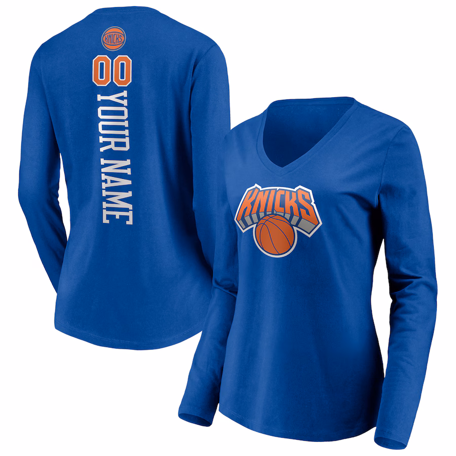 Women's New York Knicks Blue Playmaker Personalized Name & Number Long Sleeve V-Neck T-Shirt - ujerseystore