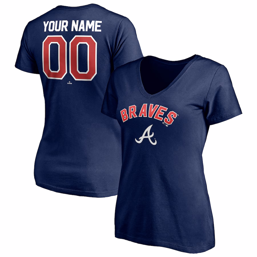 Women's Atlanta Braves Navy Personalized Winning Streak Name & Number V-Neck T-Shirt - ujerseystore