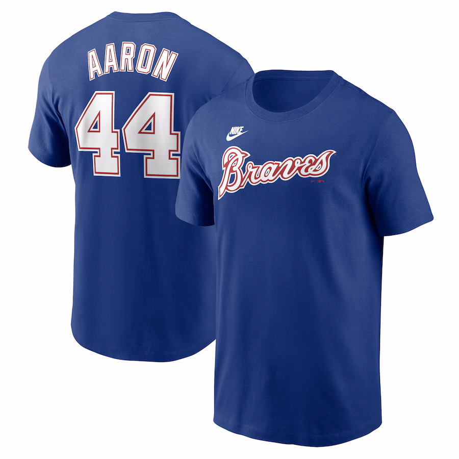 Men's Atlanta Braves Hank Aaron Nike Royal Cooperstown Collection Fuse Name & Number T-Shirt - ujerseystore