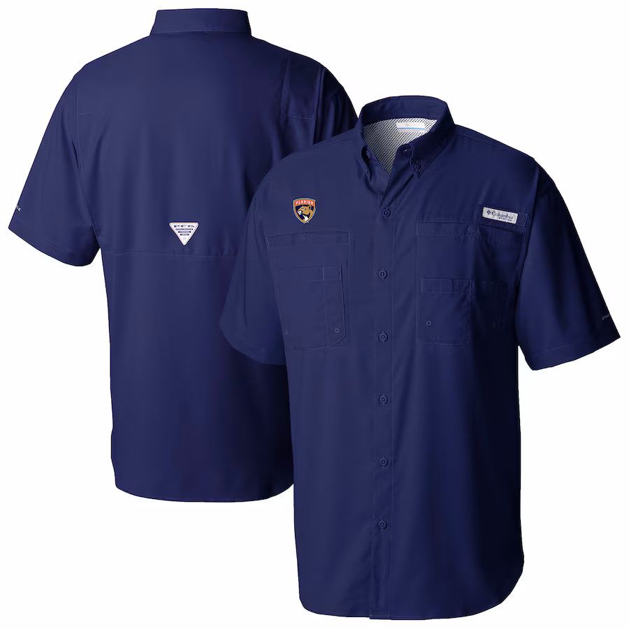 Men's Florida Panthers Columbia Navy Tamiami Short Sleeve Omni-Wick Button-Down Shirt - ujerseystore