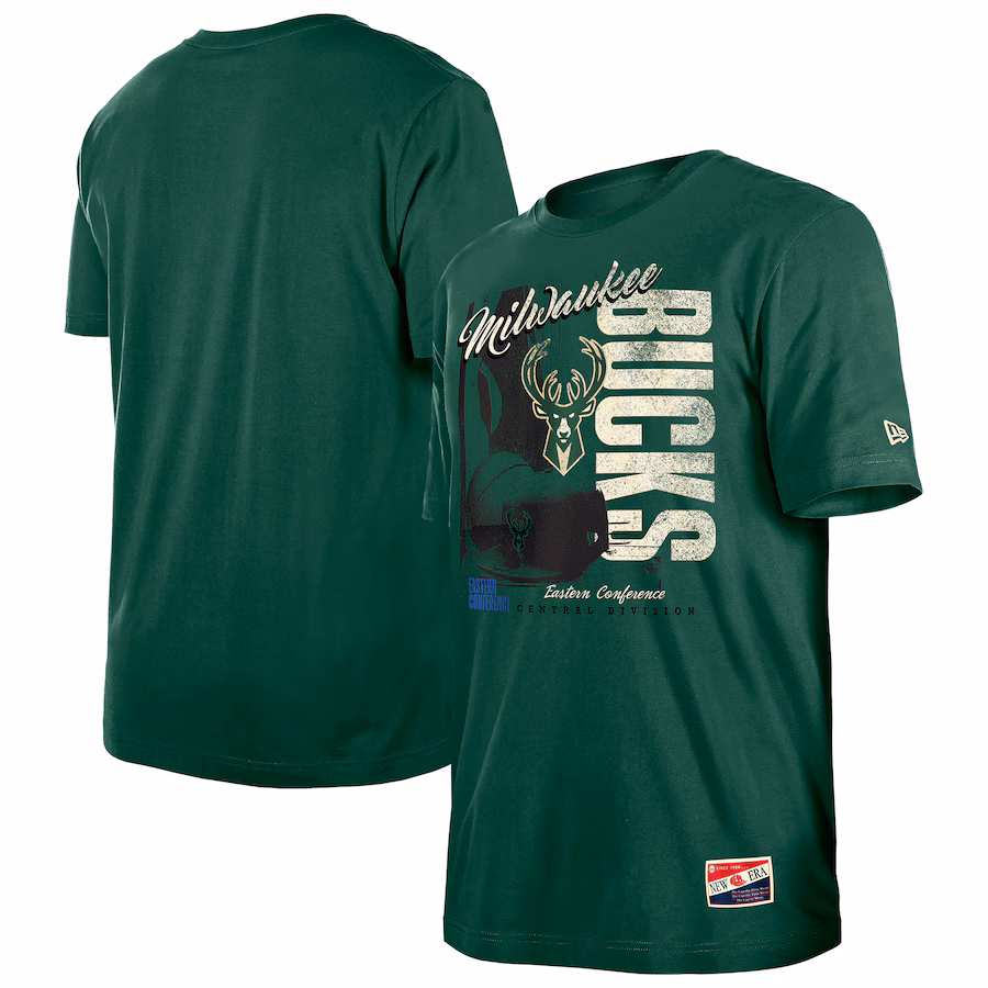 Men's Milwaukee Bucks  New Era Hunter Green Distressed Throwback Vintage Color Pack T-Shirt - ujerseystore