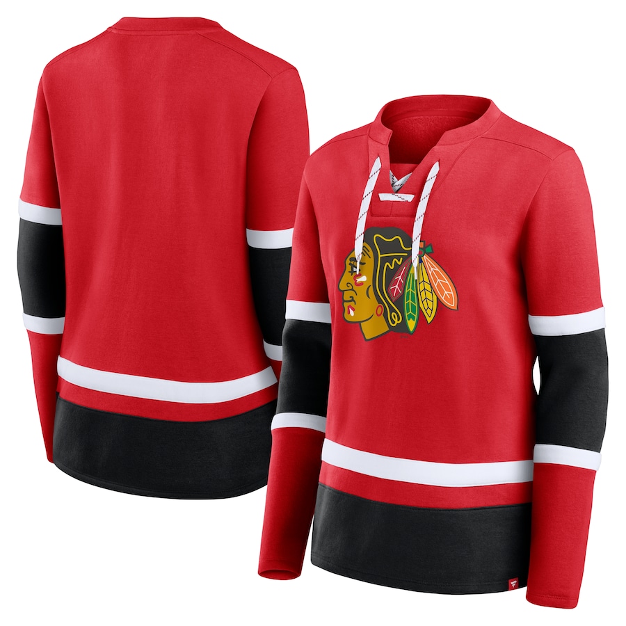Women's Chicago Blackhawks Fanatics Red Prime Time Lace-Up Long Sleeve T-Shirt - ujerseystore